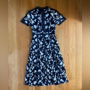 ANTONIO MELANI Navy Dress with White Floral Lace Overlay